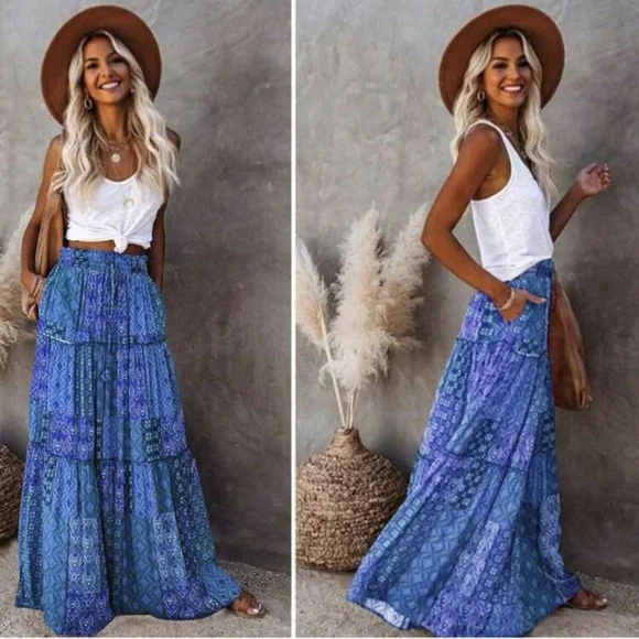 Boho Maxi Skirt Blue Patchwork Print 70s Hippie Style - Picture 8 of 9